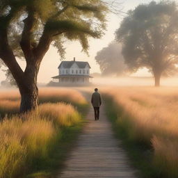 A serene nature scene with tall grass glowing in the dawn light and a light mist