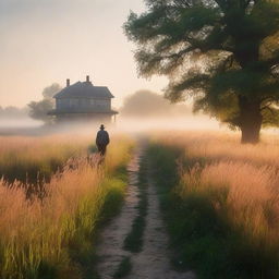 A serene nature scene with tall grass glowing in the dawn light and a light mist