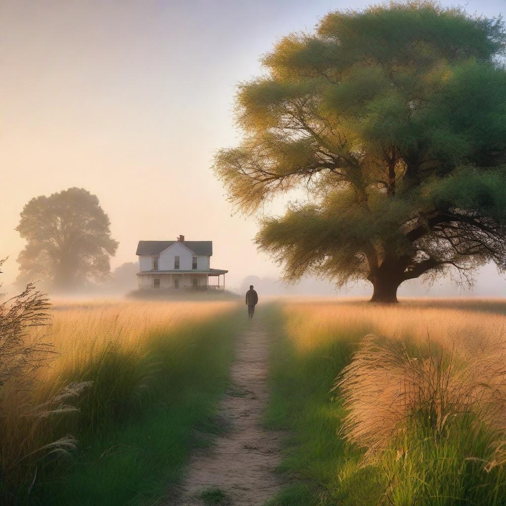 A serene nature scene with tall grass glowing in the dawn light and a light mist