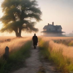 A serene nature scene with tall grass glowing in the dawn light and a light mist