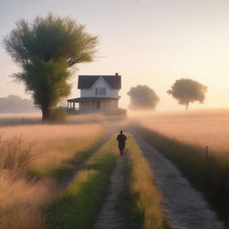 A serene, treeless nature scene with tall grass glowing in the dawn light and a light mist