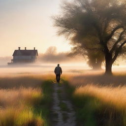 A serene, treeless nature scene with tall grass glowing in the dawn light and a light mist