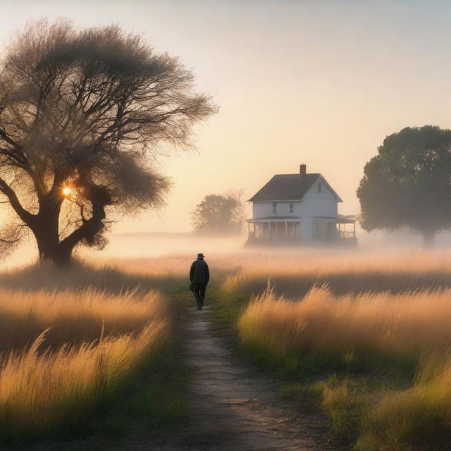 A serene, treeless nature scene with tall grass glowing in the dawn light and a light mist