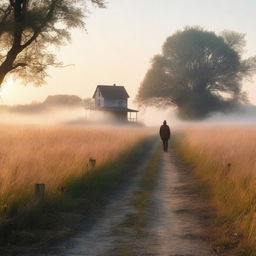 A serene, treeless nature scene with tall grass glowing in the dawn light and a light mist