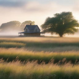 A serene, treeless nature scene with tall grass glowing in the dawn light and a light mist