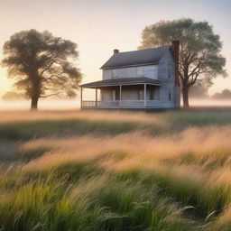 A serene, treeless nature scene with tall grass glowing in the dawn light and a light mist