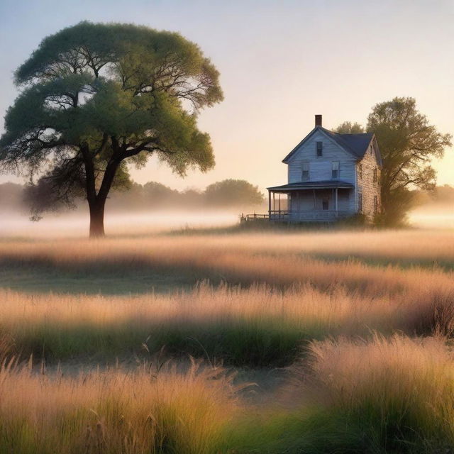 A serene, treeless nature scene with tall grass glowing in the dawn light and a light mist