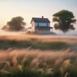 A serene, treeless nature scene with tall grass glowing in the dawn light and a light mist