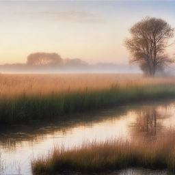 A serene, treeless nature scene with tall grass glowing in the dawn light and a light mist