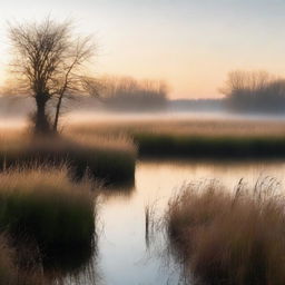 A serene, treeless nature scene with tall grass glowing in the dawn light and a light mist
