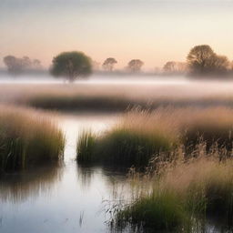 A serene, treeless nature scene with tall grass glowing in the dawn light and a light mist