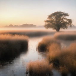 A serene, treeless nature scene with tall grass glowing in the dawn light and a light mist