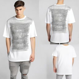 A men's oversized t-shirt featuring designs in A3, A2, and A4 sizes prominently displayed on the front