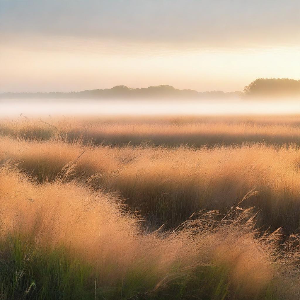 A serene prairie scene with tall grass glowing in the strong sunlight of dawn, shrouded in a light mist