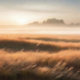 A serene prairie scene with tall grass glowing in the strong sunlight of dawn, shrouded in a light mist