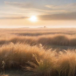 A serene prairie scene with tall grass glowing in the strong sunlight of dawn, shrouded in a light mist