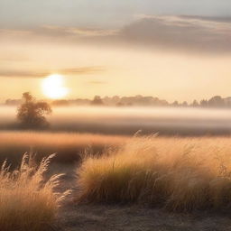 A serene prairie scene with tall grass glowing in the strong sunlight of dawn, shrouded in a light mist