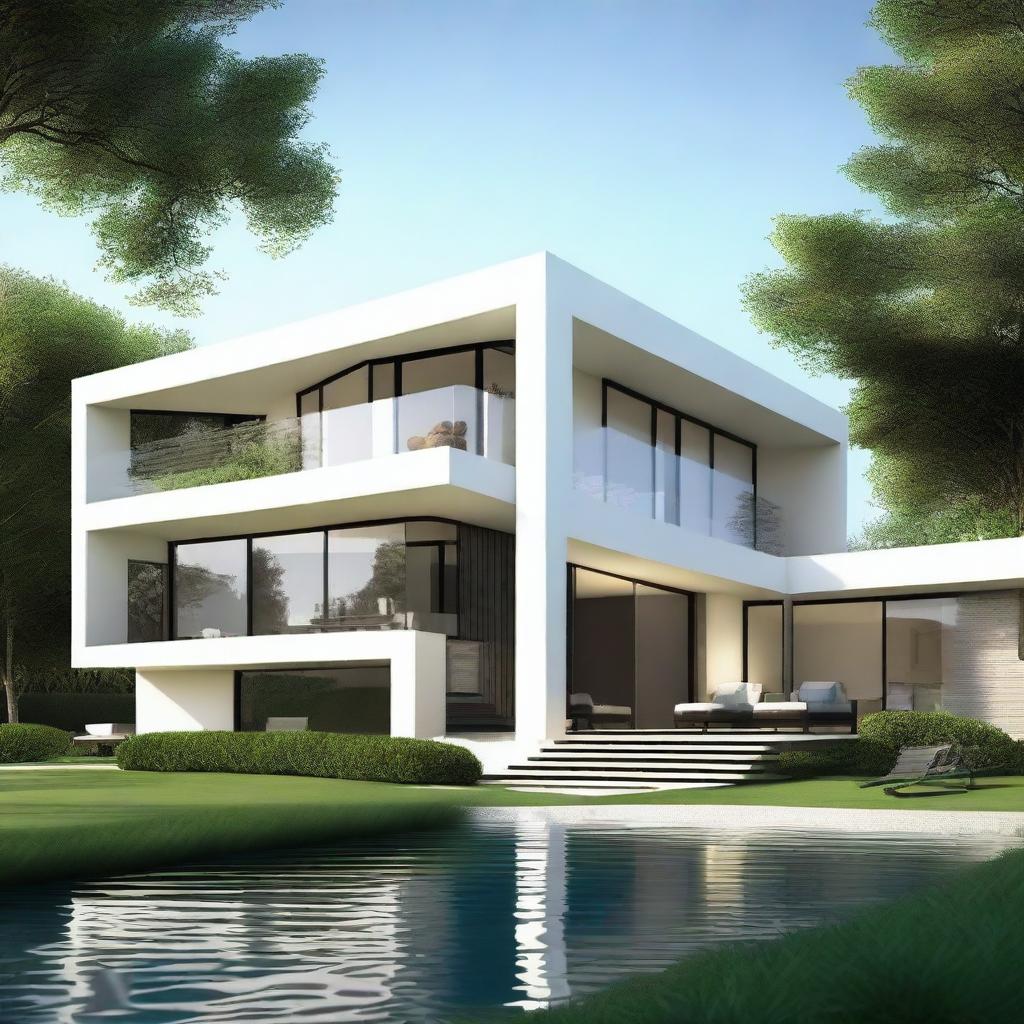 Create an image that features a modern house design situated in the middle of a golf course