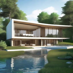 Create an image that features a modern house design situated in the middle of a golf course