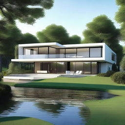 Create an image that features a modern house design situated in the middle of a golf course