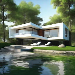 Create an image that features a modern house design situated in the middle of a golf course