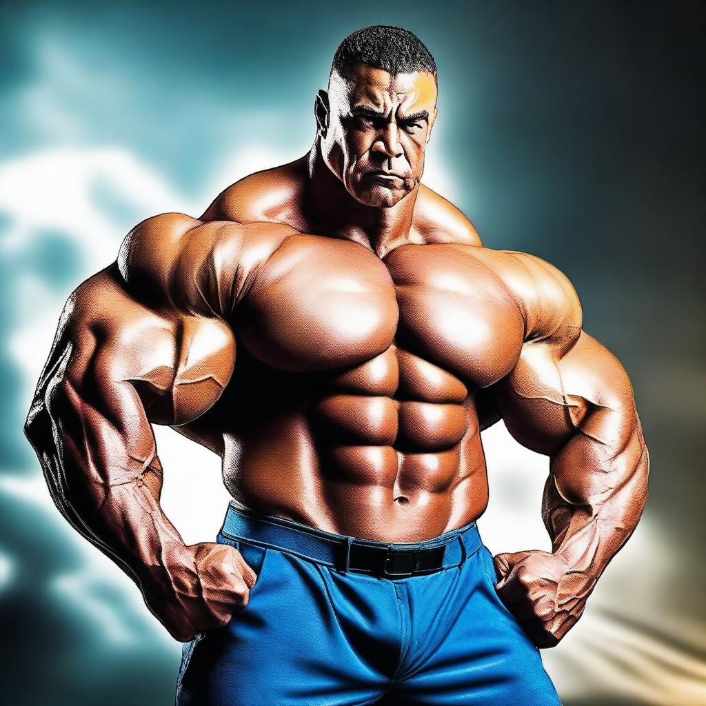 A powerful and strong man with super big muscles, standing in a heroic pose