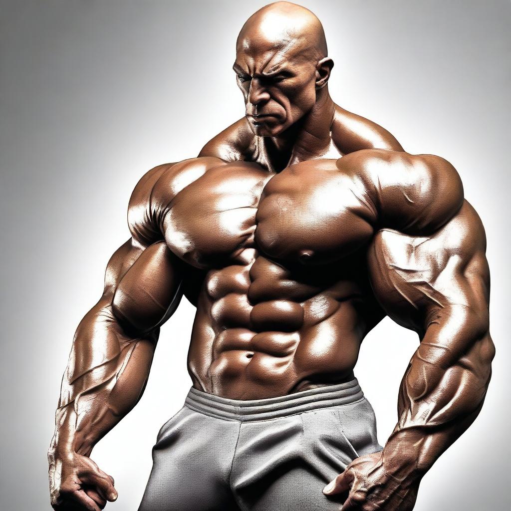 A highly detailed and realistic image of the most muscular man ever, showcasing extreme muscle definition and strength