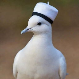 A dove gracefully wearing a tiny hat or cap on its head.