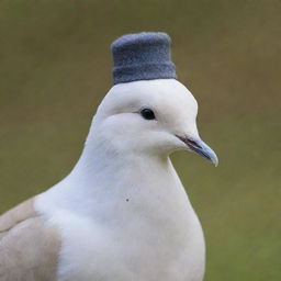 A dove gracefully wearing a tiny hat or cap on its head.