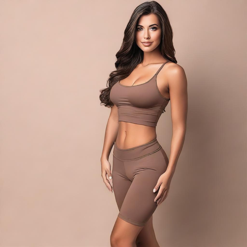 A brown-haired young woman standing confidently, wearing a form-fitting outfit that accentuates her figure