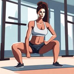 A detailed illustration of Devin Brugman wearing a sports bra, stretching on her knees