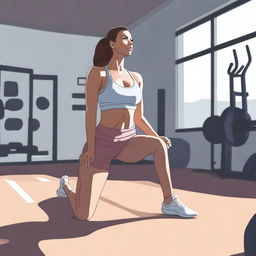 A detailed illustration of Devin Brugman wearing a sports bra, stretching on her knees