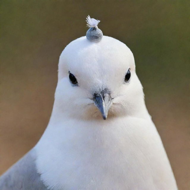 A dove gracefully wearing a tiny hat or cap on its head.