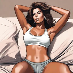 A detailed illustration of Devin Brugman wearing a tank top and high-waisted underwear, laying down in a relaxed pose