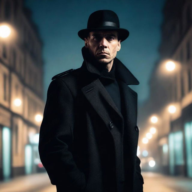 A man in a black trenchcoat wearing a black ushanka, standing confidently