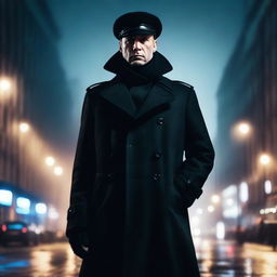 A man in a black trenchcoat wearing a black ushanka, standing confidently