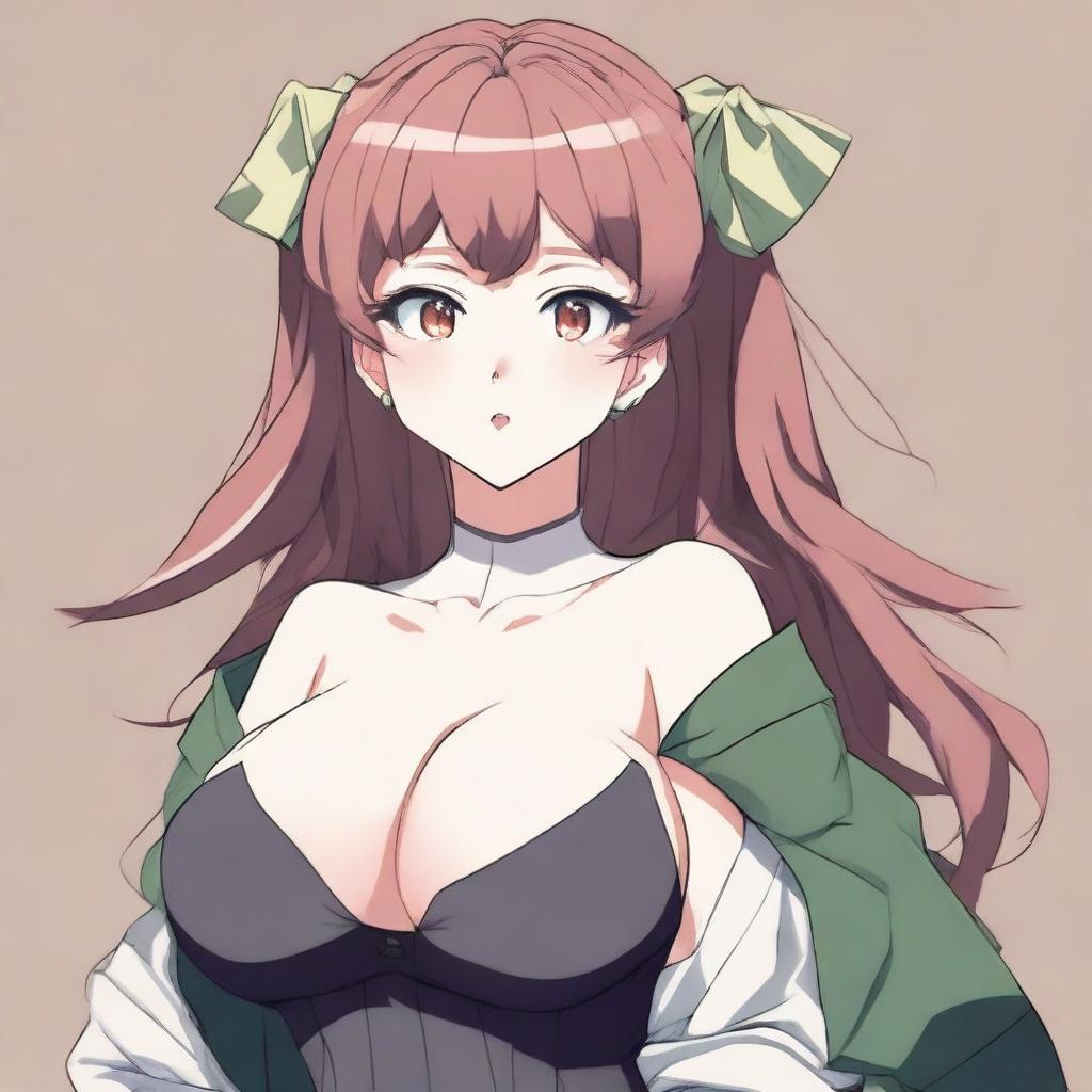 An anime-style illustration of a girl with exaggerated features, including very large breasts