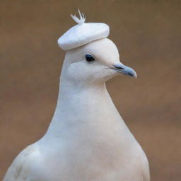 A dove gracefully wearing a tiny hat or cap on its head.