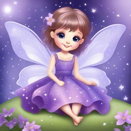 Create a beautiful and cute fairy with a purple dress, sitting and smiling