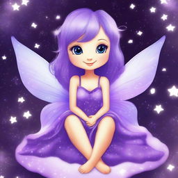 Create a beautiful and cute fairy with a purple dress, sitting and smiling