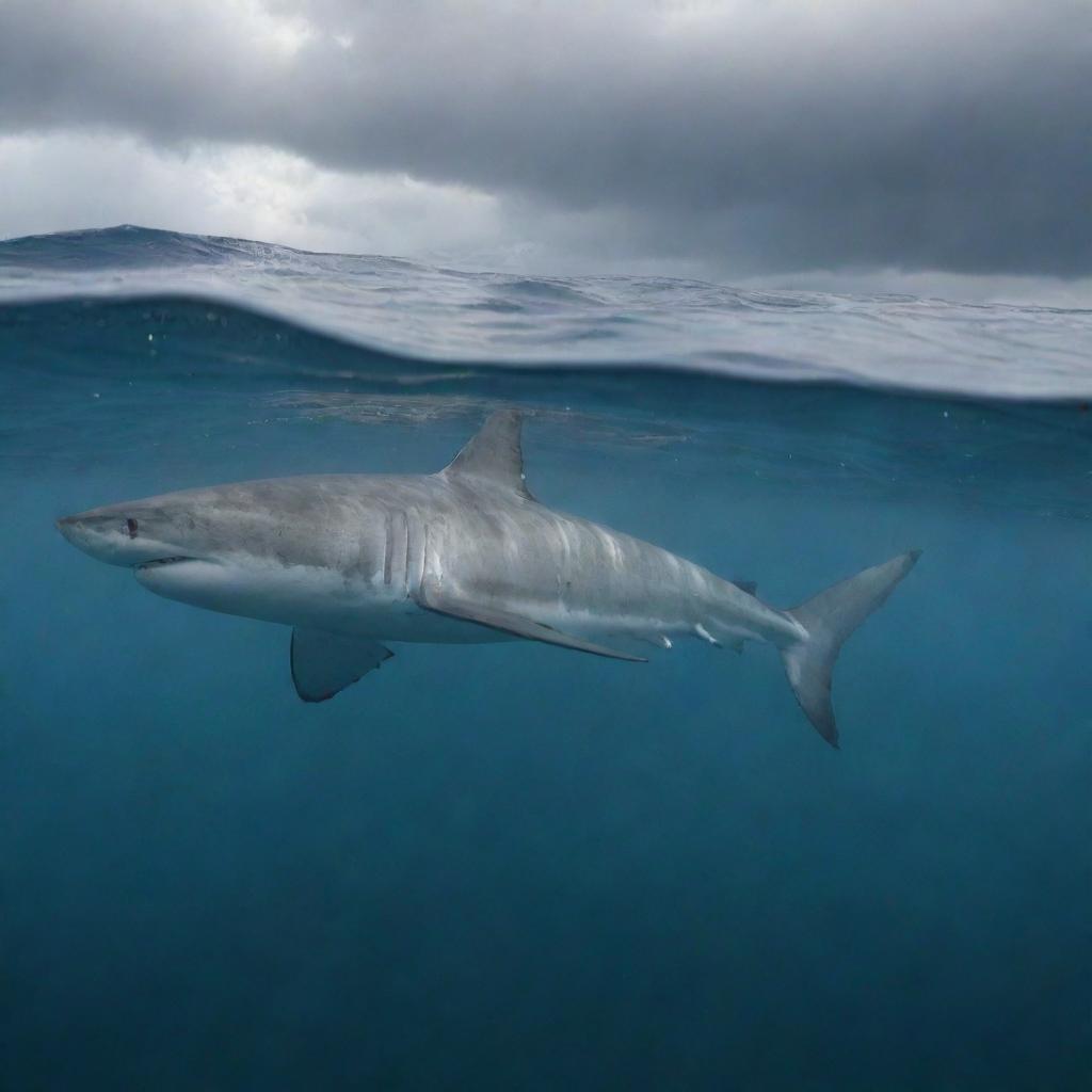 Ocean scene with a shark visible under the water's surface and turbulent cloudy weather overhead