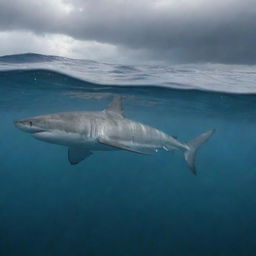 Ocean scene with a shark visible under the water's surface and turbulent cloudy weather overhead