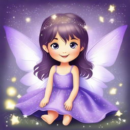 Create a beautiful and cute fairy with a purple dress, sitting and smiling