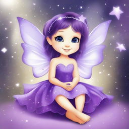 Create a beautiful and cute fairy with a purple dress, sitting and smiling