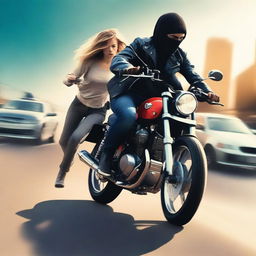 Create a book cover featuring a young robber boy on a motorbike with his girlfriend