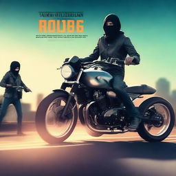 Create a book cover featuring a young robber boy on a motorbike with his girlfriend