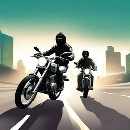 Create a book cover featuring a young robber boy on a motorbike with his girlfriend