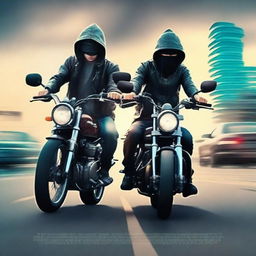 Create a book cover featuring a young robber boy on a motorbike with his girlfriend