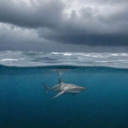 Ocean scene with a shark visible under the water's surface and turbulent cloudy weather overhead