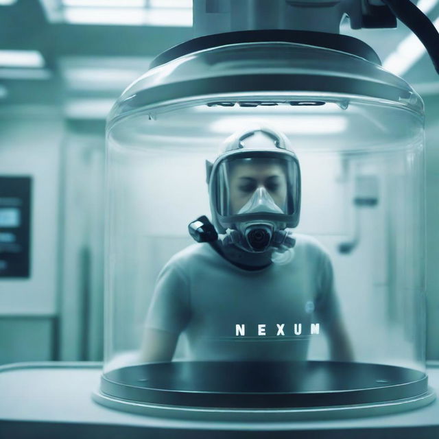 A human inside a tank wearing a breathing mask, with the title 'Nexum' at the top